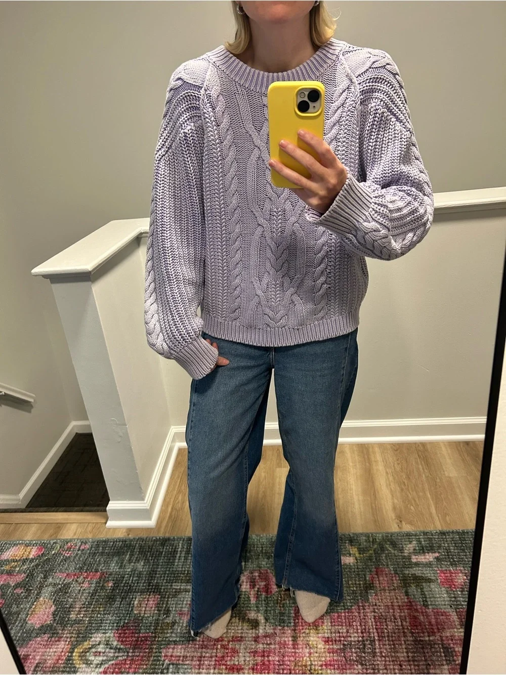 Free People Frankie Cable Sweater in Della Robbia Blue Lavender - Picture 3 of 8